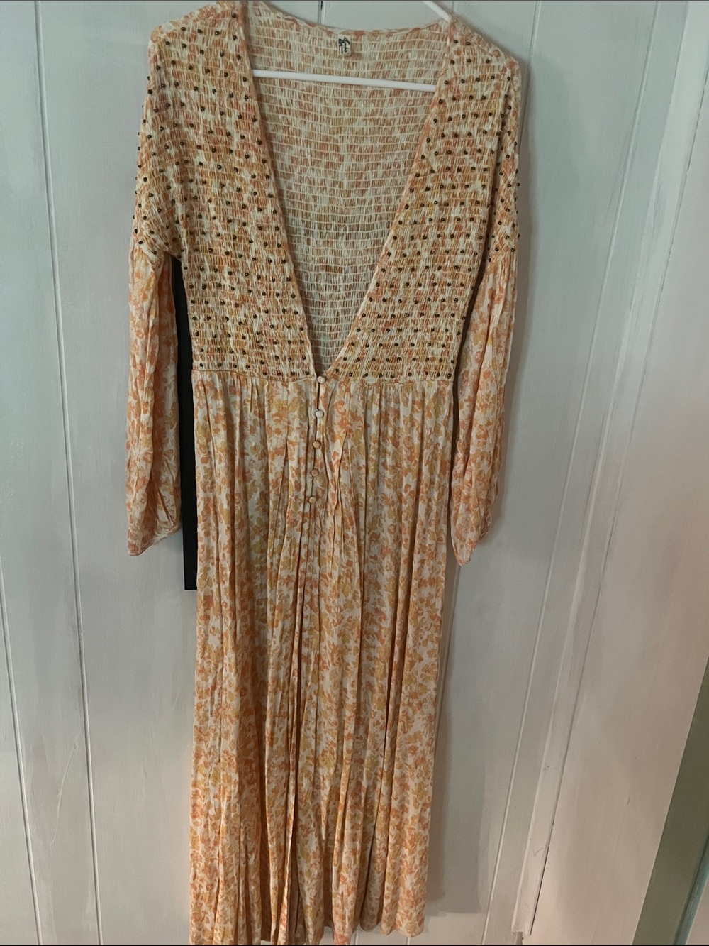Free People Peach Floral Smocked Maxi top/ robe or kimono